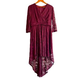 Women's Plus Size Burgundy Lace V-Neck High Low Hem Dress Long